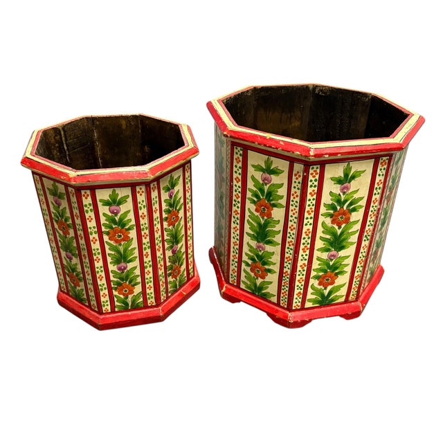 Set of 2 wastebaskets. 1950’s folk art wooden wastebaskets. These are made of solid wood, hand painted with bright red...