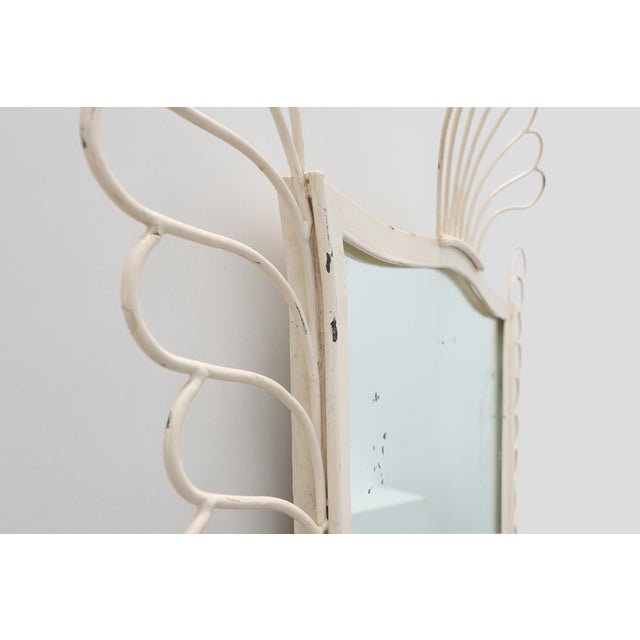 French White Lacquered Metal Mirror with Looped Wire Frame and Fan Crest, 1950s For Sale - Image 9 of 13