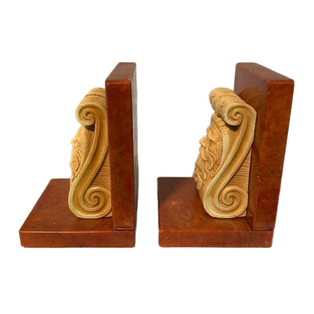 Gothic Vintage Italian Marble & Oxolite Bookends | Bearded Mascaron Gargoyle Mythological For Sale - Image 3 of 5