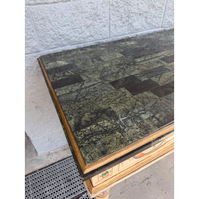 1990s Venetian Style Crème Peinte and Polychrome console Table, green marble mosaic top, molded frieze, tapered legs,...