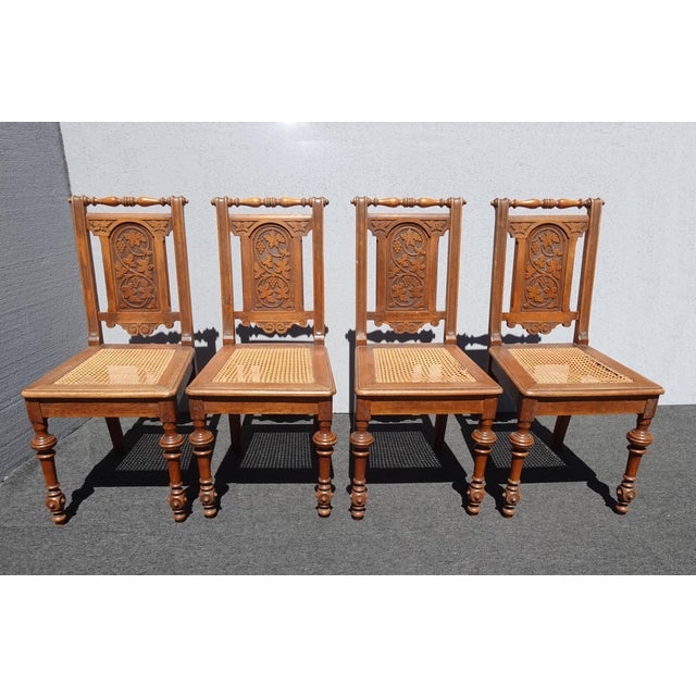 Gorgeous Chairs in Good Vintage Condition. They are Solid and Firm. But the cane on the seats are damaged and you may...