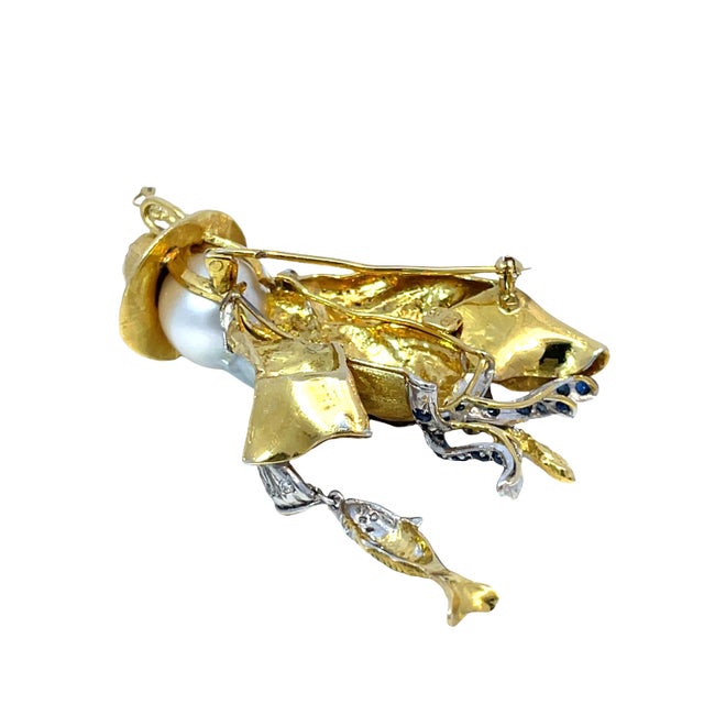 Gold 14k Two-Tone Gold Fisherman Brooch With Baroque Pearl, Diamond, Sapphire & Ruby For Sale - Image 8 of 9