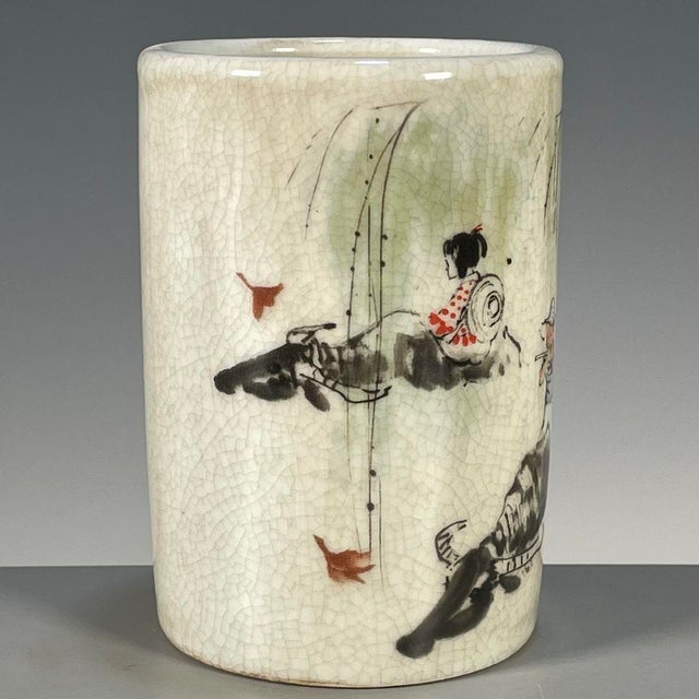 Late 20th Century Crackle Glaze Porcelain Brush Pot With Herding Scene For Sale - Image 5 of 8