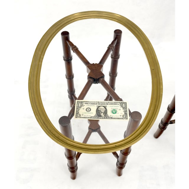 Pair Oval Brass Gallery Glass Top Faux Bamboo Bases End Side Tables Stands MINT For Sale - Image 9 of 16