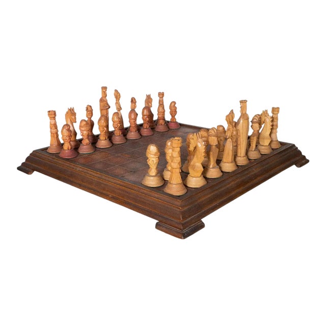 Vintage Hand-Carved Wood and Leather Chess Set For Sale
