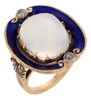 Early 20th Century Victorian Moonstone Diamond Blue Enamel 14k Yellow Gold Ring, Size 6