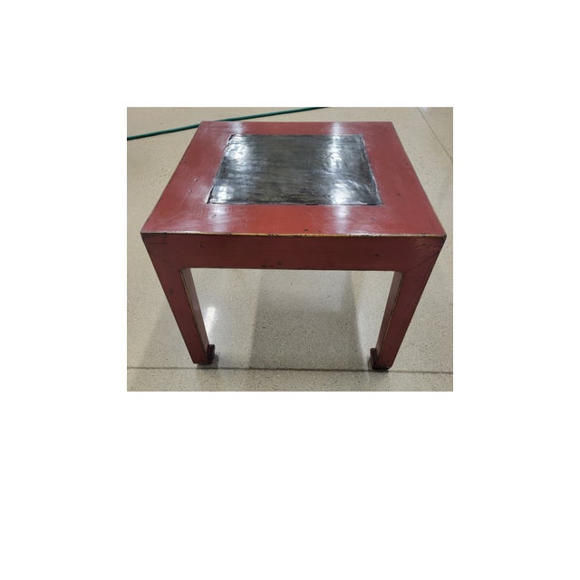 Late 19th Century Antique Chinese Red Painted Side Table With Inset Slate Stone Top For Sale - Image 5 of 11