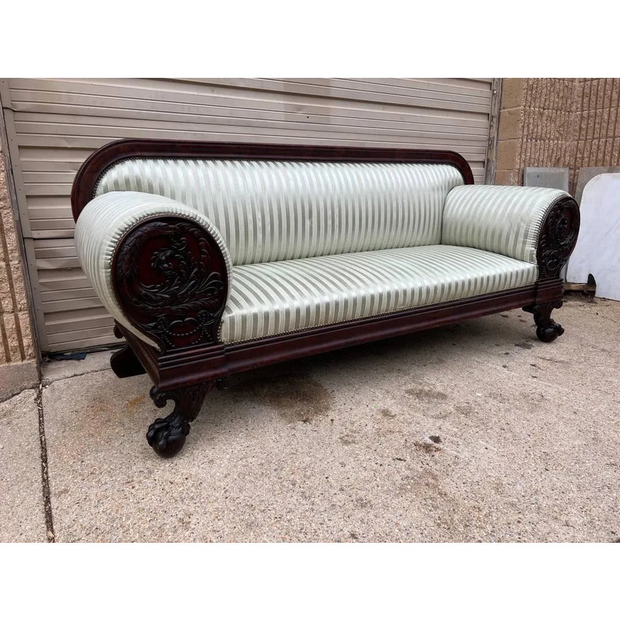 Early 20th Century Antique American Classical Mahogany Green Silk