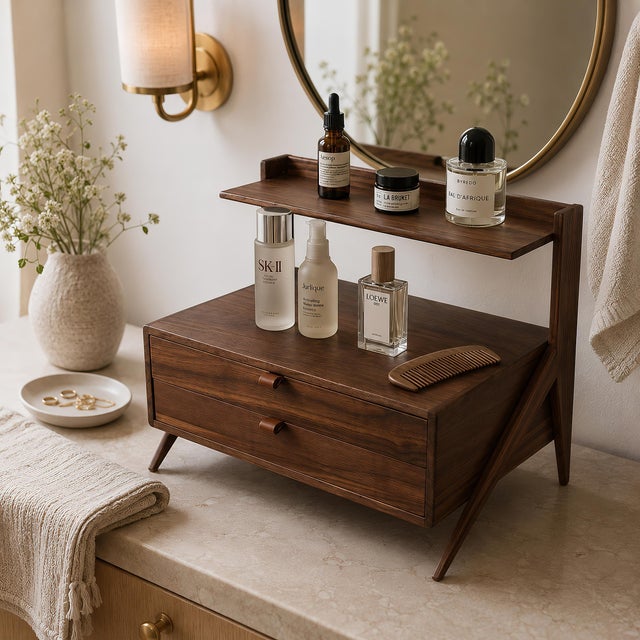 Handmade solid black walnut vanity organizer (ALCOVE) by Live One's, Wake Forest, North Carolina. Two equal-height drawers...