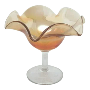 Marigold Carnival Glass Clear Stem Ruffled Rim Compote Candy Dish