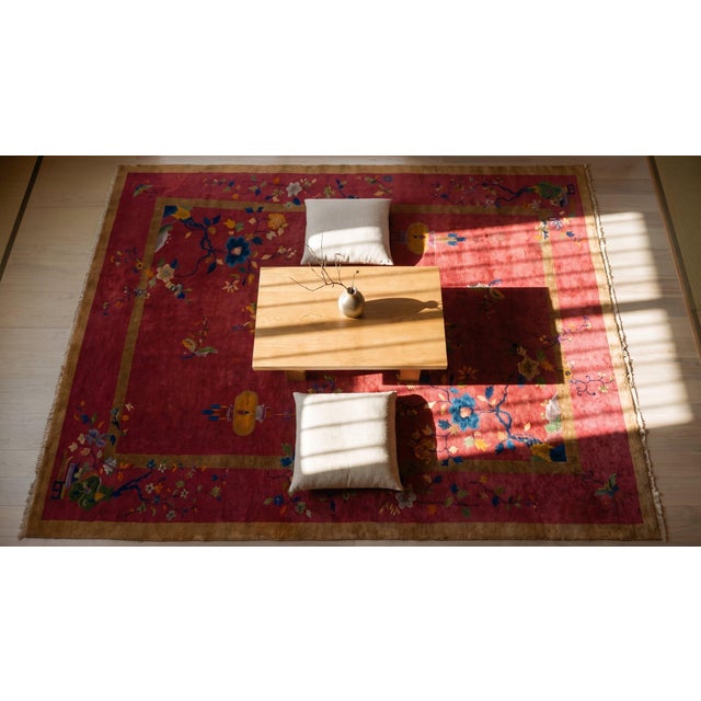 Stunning Red-Raspebery Background Color With Colorful Floral Design Antique Chinese Art Deco Rug For Sale - Image 11 of 13
