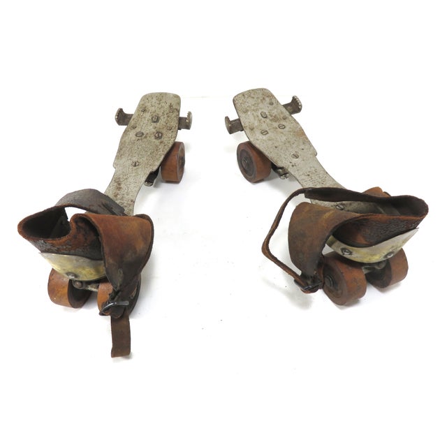 Early 1900s Antique American Wooden Wheel Roller Skates - a Pair For Sale - Image 10 of 13