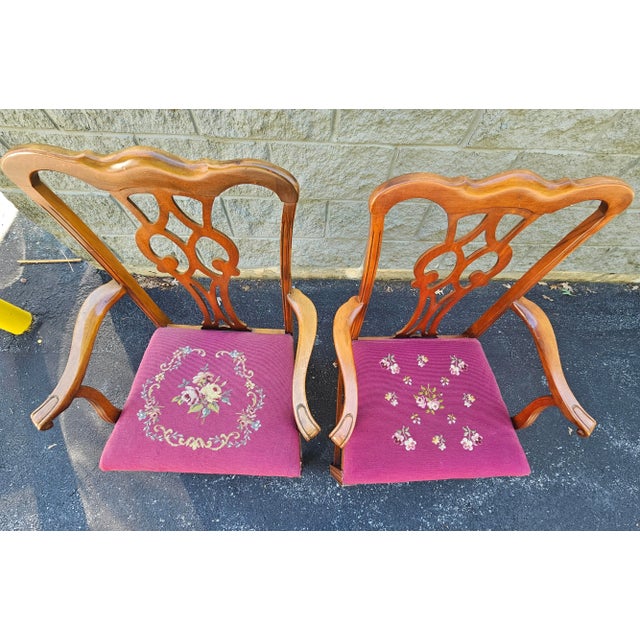Chippendale Statesville Chair Mid-Century Chippendale Mahogany Needlepoint Upholstered ArmChairs, Pair For Sale - Image 3 of 10