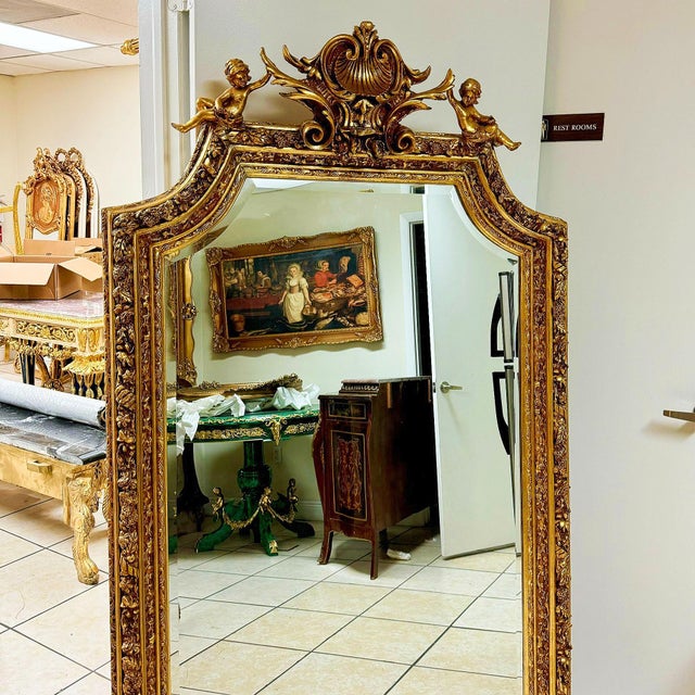 French French Style Gold Mirror With Angels Details For Sale - Image 3 of 6