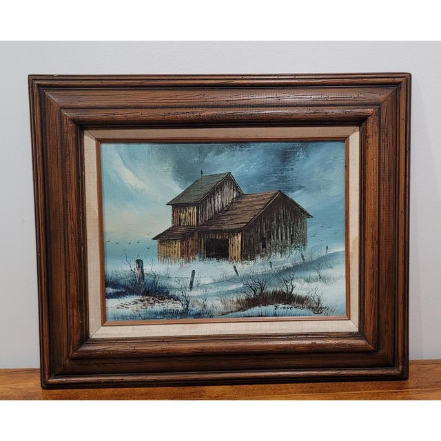 1970s Americana Farmhouse Landscape Original Oil Painting by Everett Woodson For Sale - Image 9 of 11