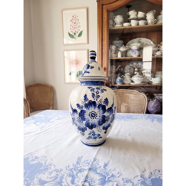 Antique Dutch Hand-Painted Delft Blue Lidded Vase, Holland, 1920s For Sale - Image 11 of 18