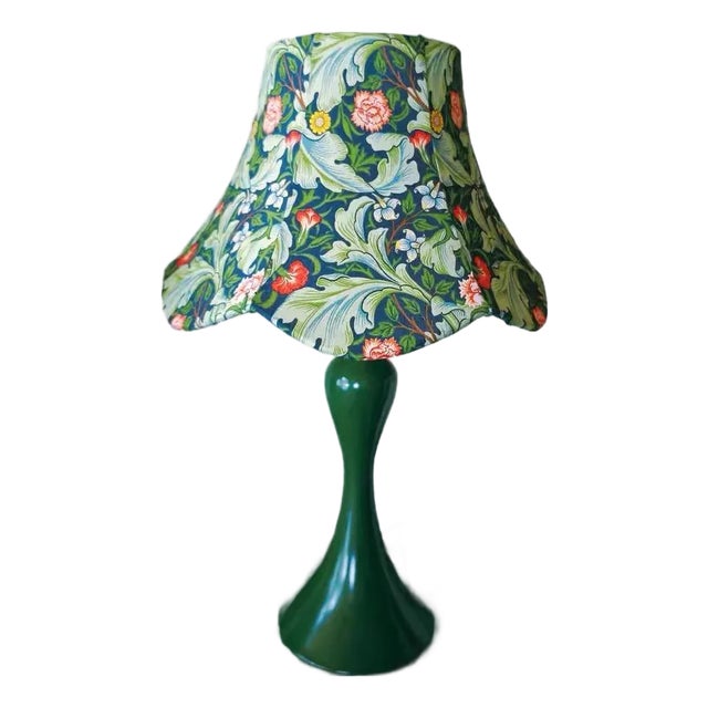 Retro Floral Fabric & Dark Green Ceramic Lamp For Sale