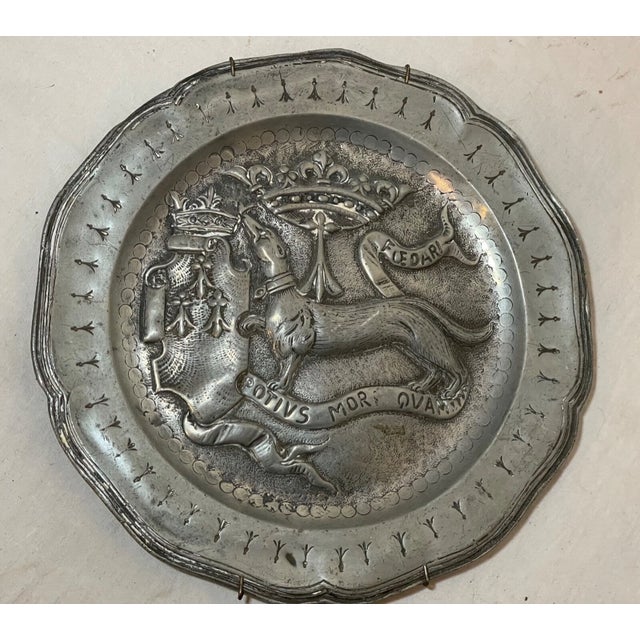 18th Century Antique 18th Century Tooled Latin Handmade Armorial Pewter Plaque Relief Plate For Sale - Image 5 of 13