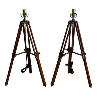 Tripod Table Lamps Brass & Wood - a Pair For Sale