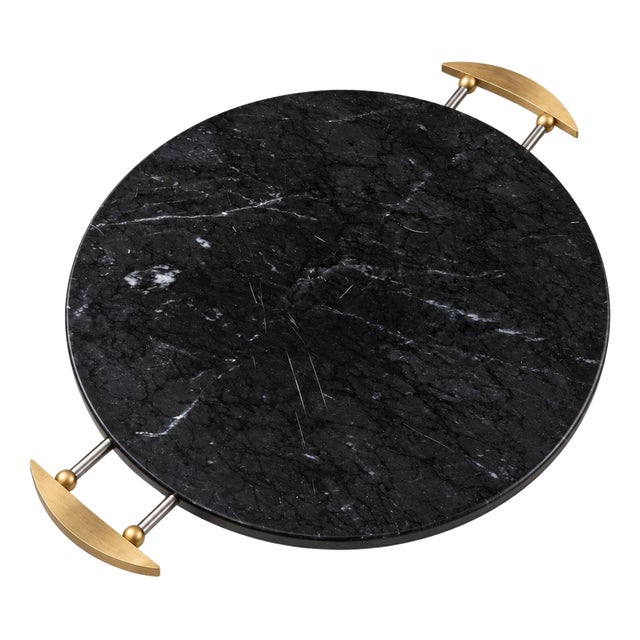 Round Tray in Black Marquina Marble and Brass by La Galleria, 1990s For Sale