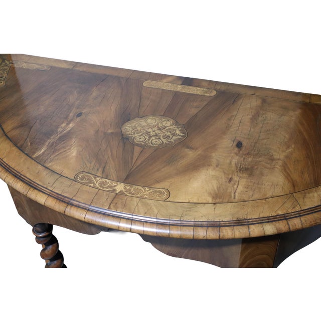 Mid 20th Century Antique Jacobean Style Walnut Hallway Demi Lune Table With Oak Inlay & Swirled Legs For Sale - Image 5 of 11