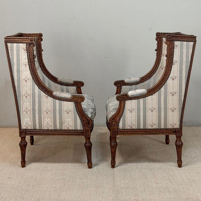 Pair 19th Century French Louis XVI Walnut Bergères ~ Armchairs For Sale - Image 9 of 17