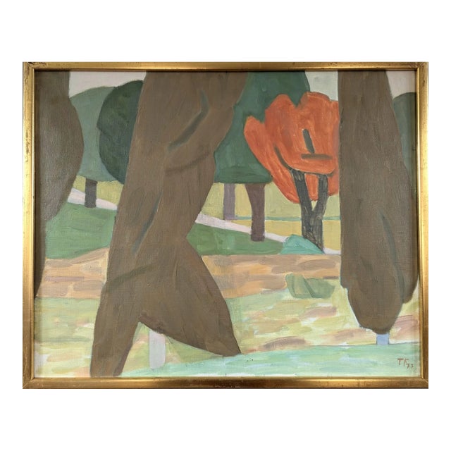 1977 Vintage 'Modernist Forest' Original Landscape Oil Painting by Swedish Artist Ture Fabiansson (1910-1994), Framed For Sale