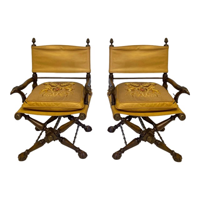 Regency and Campaign Style Carved Eagle Leather Chairs Attributed to Theodore Alexander, Pair For Sale