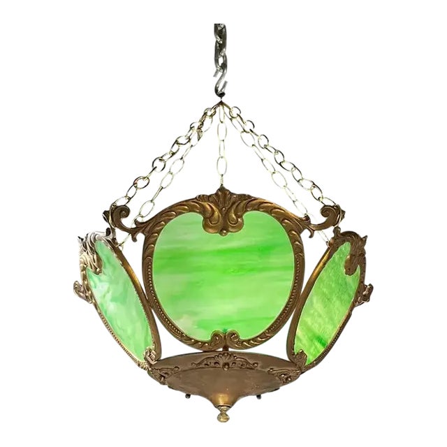 Vintage 1950s Green Slag Glass and Bronze Pendant in Arts and Crafts Style For Sale