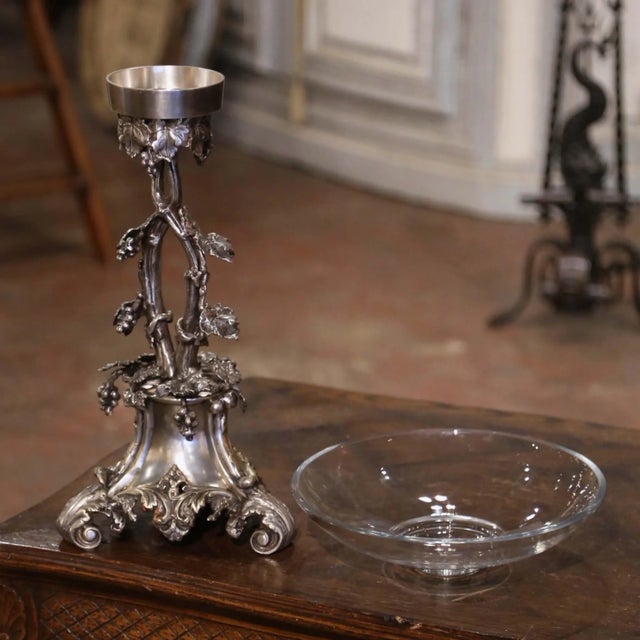 Mid-Century French Louis XV Silvered Bronze Surtout With Glass Bowl For Sale In Dallas - Image 6 of 8