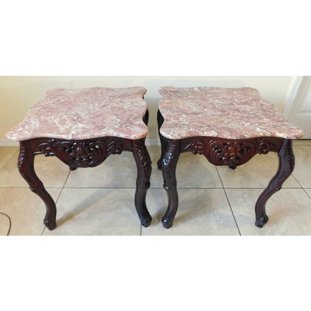 Wood Pair Vintage Chinese Carved Rosewood Pink Marble Top Side/End Tables For Sale - Image 7 of 8