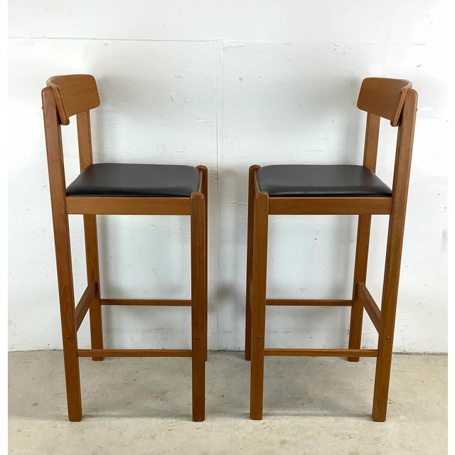 Mid 20th Century Pair Vintage Modern Teak Barstools For Sale - Image 5 of 12