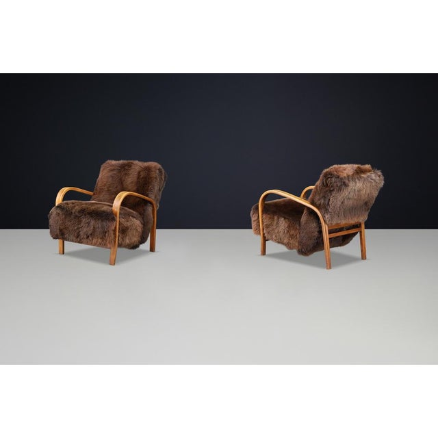 Wood Set of Lounge Chairs in Texel Sheepskin by Kozelka & Kropacek, 1940s For Sale - Image 7 of 14