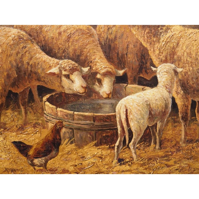 19th Century French Oil on Canvas Painting, “In the Sheepfold”, Signed Lecler For Sale - Image 11 of 13