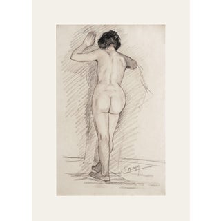 Early 1900's Antique French Classicism Style Nude Figure Drawing of Woman in Charcoal and Conte on Paper With Mat, Signed by Artist For Sale
