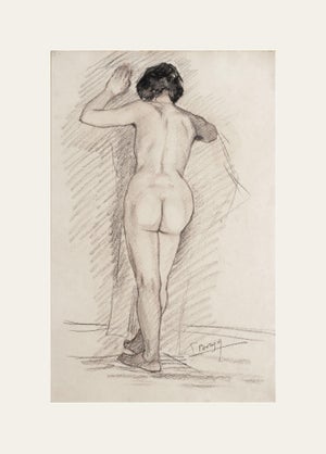 Early 1900's Antique French Classicism Style Nude Figure Drawing of Woman in Charcoal and Conte on Paper With Mat, Signed by Artist