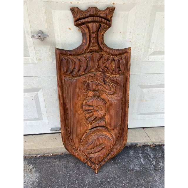 1960s Vintage Large Carved Coat of Arms Crest Knight in Armor Carved Northern Catalpa Wood For Sale - Image 5 of 13