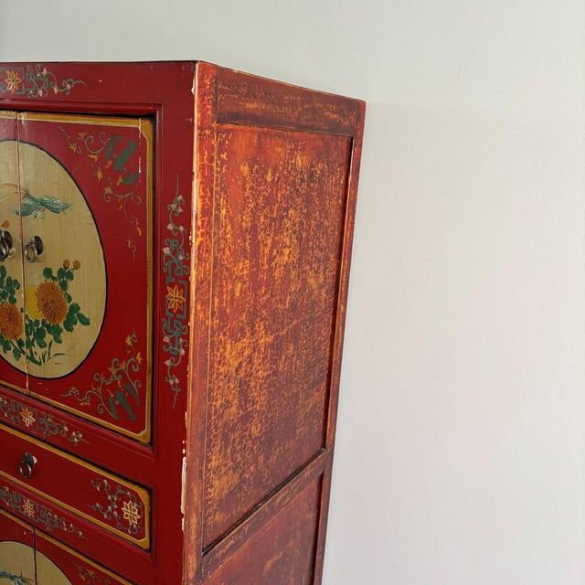 Wood Chinoiserie Asian Wooden Cabinet with Flowers and Birds Decor For Sale - Image 7 of 10