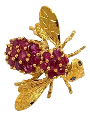 Large Ruby & Sapphire 18k Yellow Gold Bee Brooch