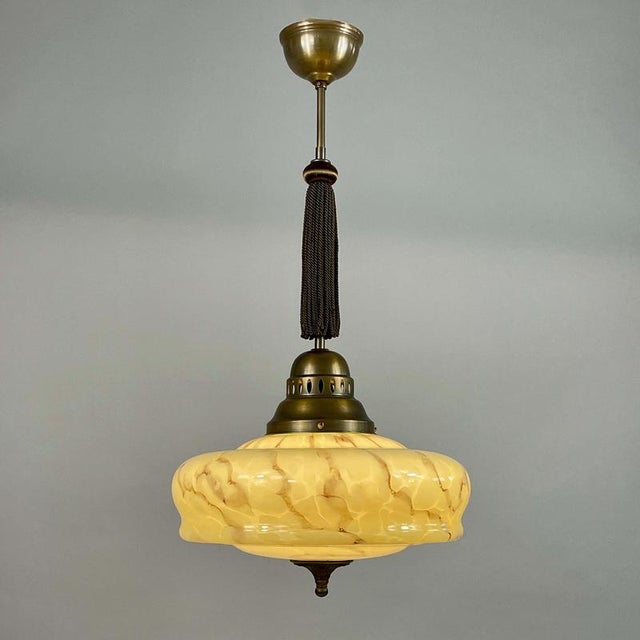 Art Deco Marbled Opaline Glass and Brass Pendant, Germany, 1930s For Sale - Image 3 of 18