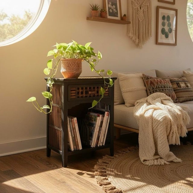 Vintage burnt bamboo and rattan nightstand or side table with beautiful two-tone finish. Features black lacquered frame...