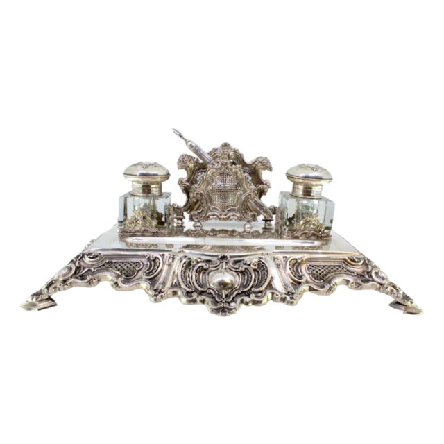 Inkwell in Cut Silver with Shell Reliefs, Letter Holder, Pen and Feet For Sale