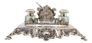 Inkwell in Cut Silver with Shell Reliefs, Letter Holder, Pen and Feet