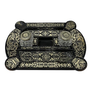 Antique Grand Tour Mahogany Boulle Work Brass Inlaid Desk Set Inkstand Regency For Sale