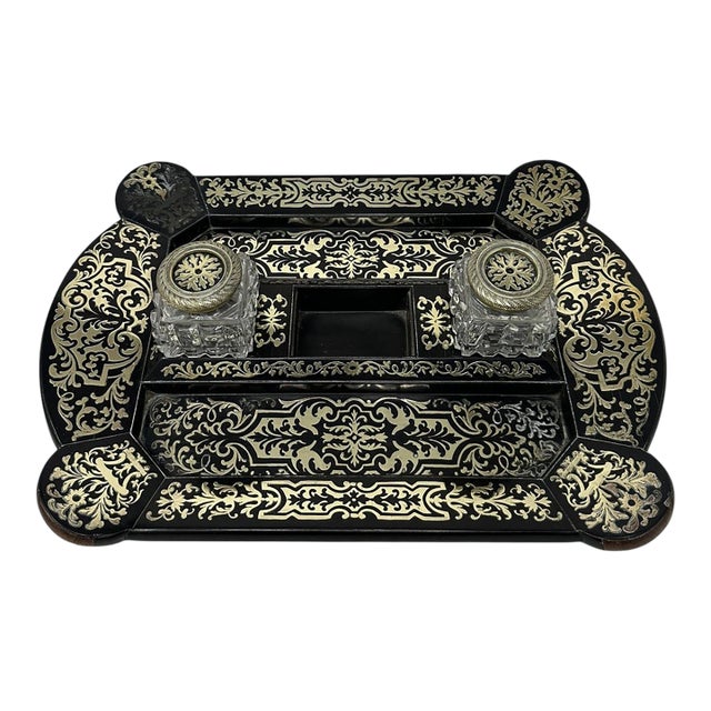 Antique Grand Tour Mahogany Boulle Work Brass Inlaid Desk Set Inkstand Regency For Sale