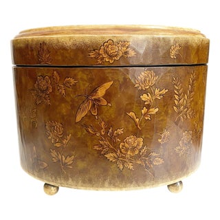 Vintage Sarreid LTD Handpainted Butterfly Floral Mezza Luna Box – Brass Feet For Sale