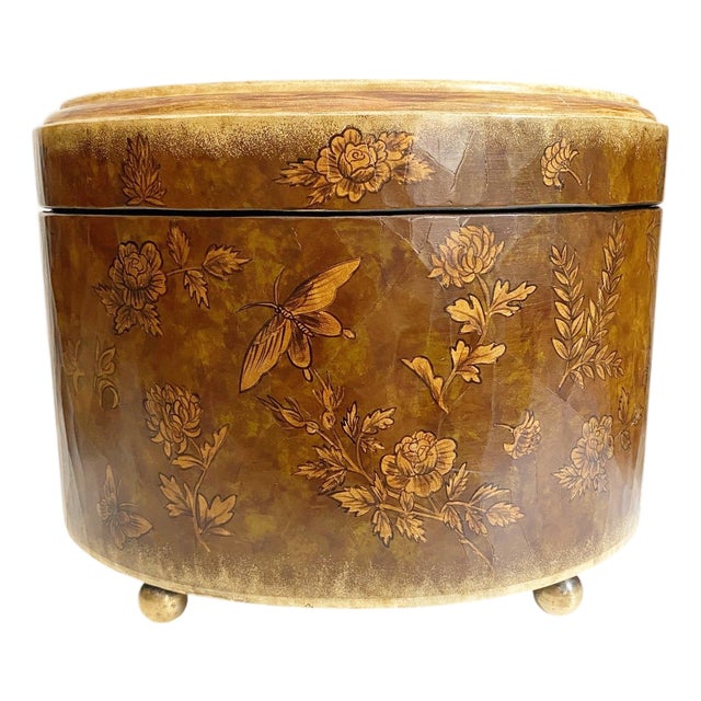 Vintage Sarreid LTD Handpainted Butterfly Floral Mezza Luna Box – Brass Feet For Sale