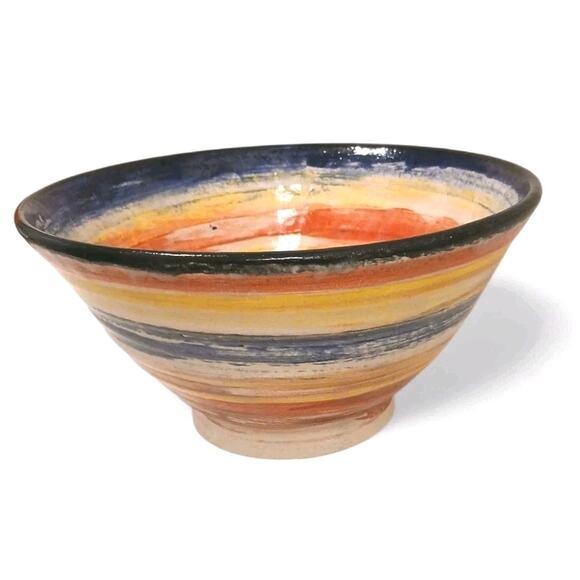 2010s 2015 Coastal Landscape Pottery Handmade Stoneware Bowl Colorful Striped Modern For Sale - Image 5 of 16