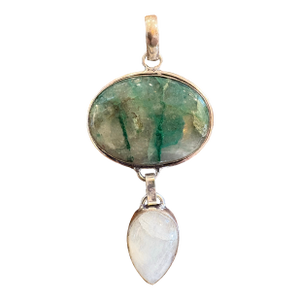 Vintage Sterling Silver Pendant Featuring an Emerald in Matrix Stone and a Moonstone