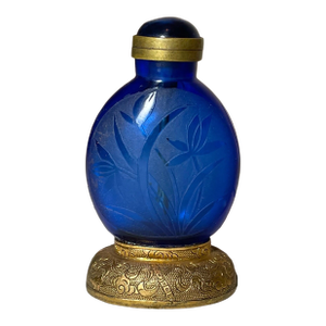 Antique Chinese Etched Cobalt Glass Chased Bronze Striker Lighter Snuff Bottle
